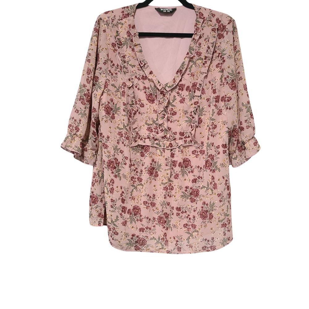 BloomChic Dusty Rose Floral Ruffle V-Neck 3/4 Bell Sleeve Blouse Top US 10